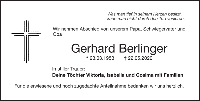  Traueranzeige für Gerhard Berlinger vom 30.05.2020 aus Nordbayerischer Kurier