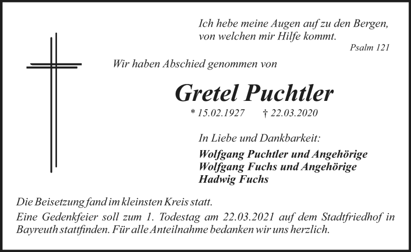  Traueranzeige für Gretel Puchtler vom 13.05.2020 aus Nordbayerischer Kurier