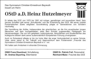 Anzeige von Heinz Hutzelmeyer von Nordbayerischer Kurier