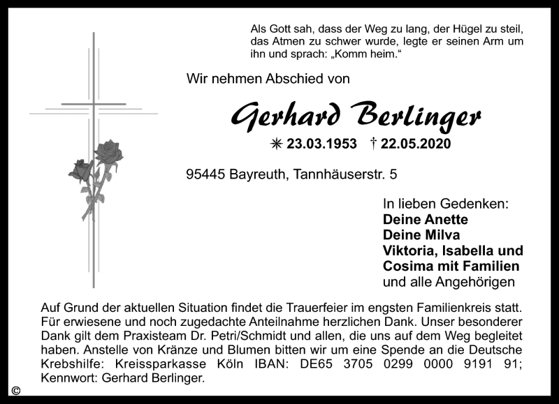  Traueranzeige für Gerhard Berlinger vom 27.05.2020 aus Nordbayerischer Kurier