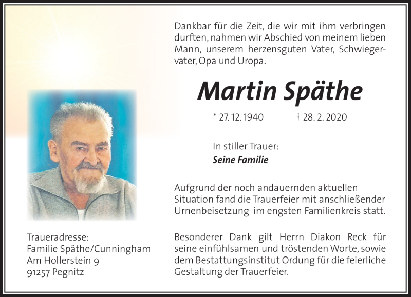  Traueranzeige für Martin Späthe vom 09.05.2020 aus Nordbayerischer Kurier