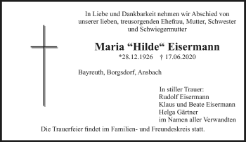 Anzeige von Maria Eisermann von Nordbayerischer Kurier