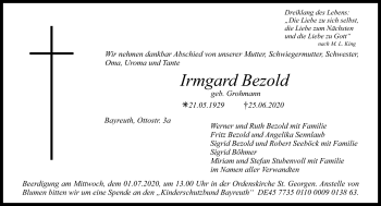 Anzeige von Irmgard Bezold von Nordbayerischer Kurier