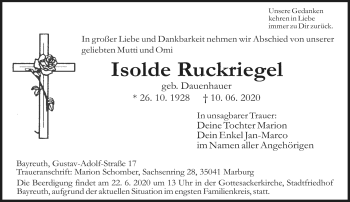 Anzeige von Isolde Ruckriegel von Nordbayerischer Kurier