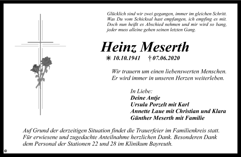  Traueranzeige für Heinz Meserth vom 13.06.2020 aus Nordbayerischer Kurier