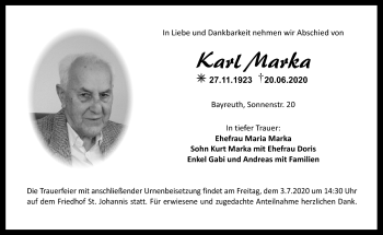 Anzeige von Karl Marka von Nordbayerischer Kurier