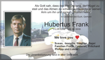 Anzeige von Hubertus Frank von Nordbayerischer Kurier