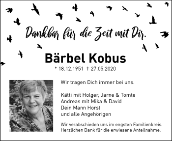 Anzeige von Bärbel Kobus von Nordbayerischer Kurier