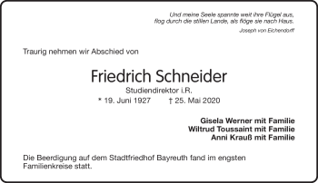 Anzeige von Friedrich Schneider von Nordbayerischer Kurier