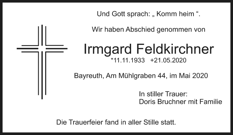 Traueranzeige für Irmgard Feldkirchner vom 18.06.2020 aus Nordbayerischer Kurier