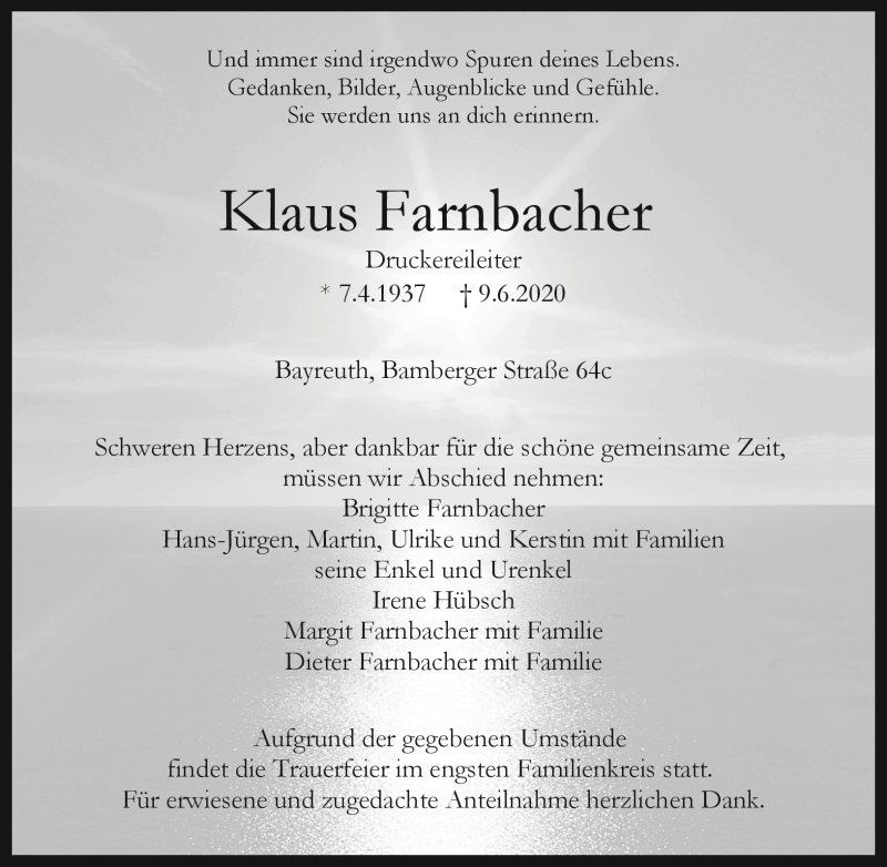  Traueranzeige für Klaus Farnbacher vom 13.06.2020 aus Nordbayerischer Kurier