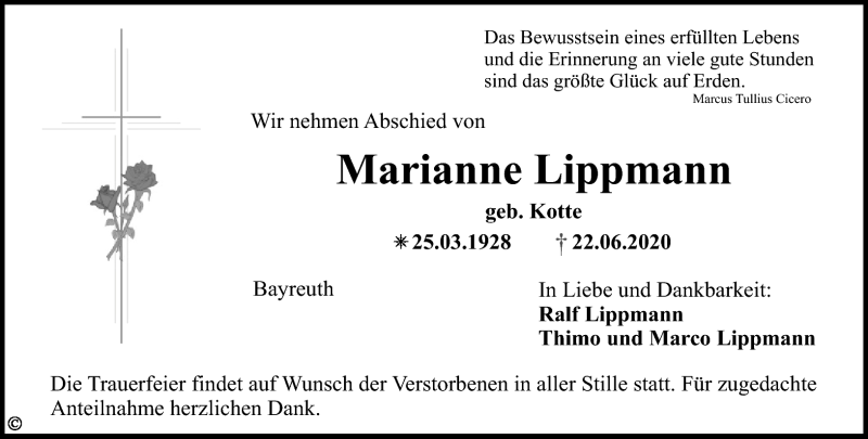  Traueranzeige für Marianne Lippmann vom 27.06.2020 aus Nordbayerischer Kurier
