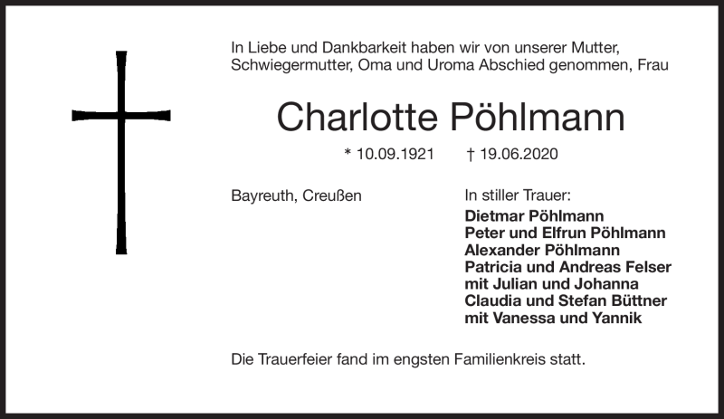  Traueranzeige für Charlotte Pöhlmann vom 26.06.2020 aus Nordbayerischer Kurier