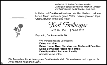 Anzeige von Karl Freiberger von Nordbayerischer Kurier