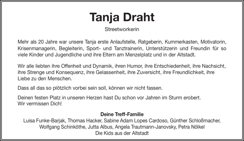  Traueranzeige für Tanja Draht vom 17.06.2020 aus Nordbayerischer Kurier