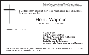 Anzeige von Heinz Wagner von Nordbayerischer Kurier