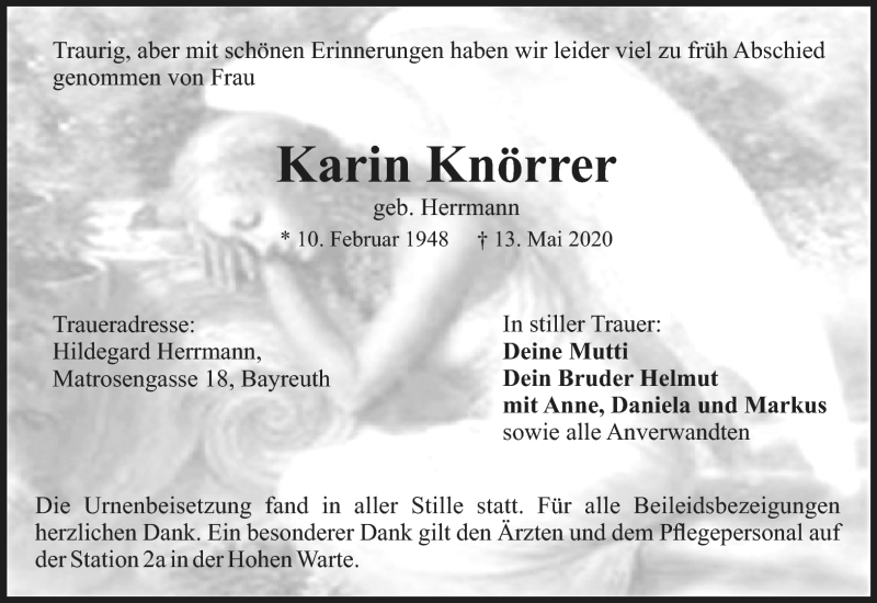  Traueranzeige für Karin Knörrer vom 03.06.2020 aus Nordbayerischer Kurier