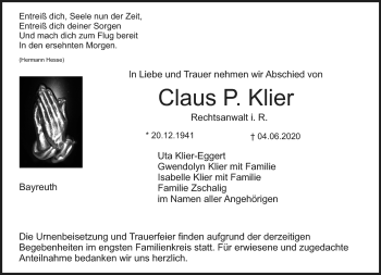 Anzeige von Claus P. Klier von Nordbayerischer Kurier