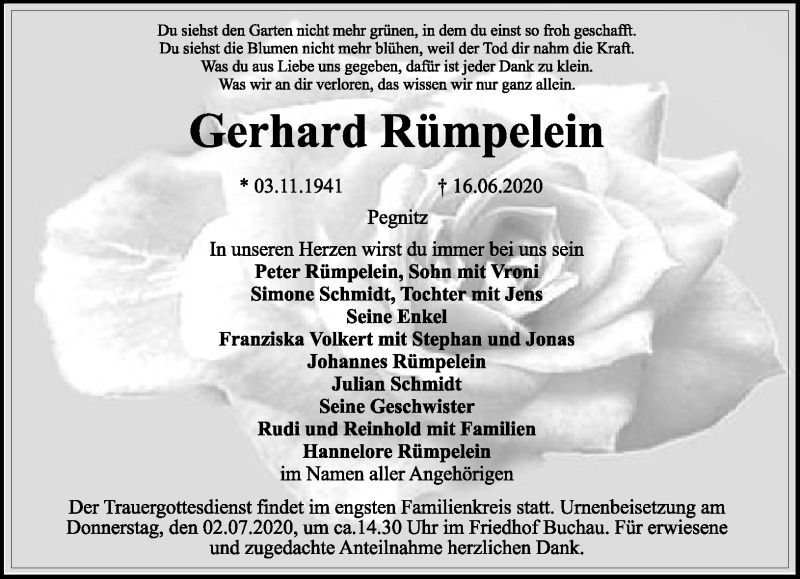  Traueranzeige für Gerhard Rümpelein vom 27.06.2020 aus Nordbayerischer Kurier