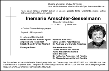 Anzeige von Inemarie Amschler-Sesselmann von Nordbayerischer Kurier