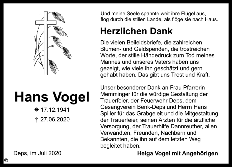  Traueranzeige für Hans Vogel vom 11.07.2020 aus Nordbayerischer Kurier