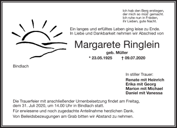 Anzeige von Margarete Ringlein von Nordbayerischer Kurier