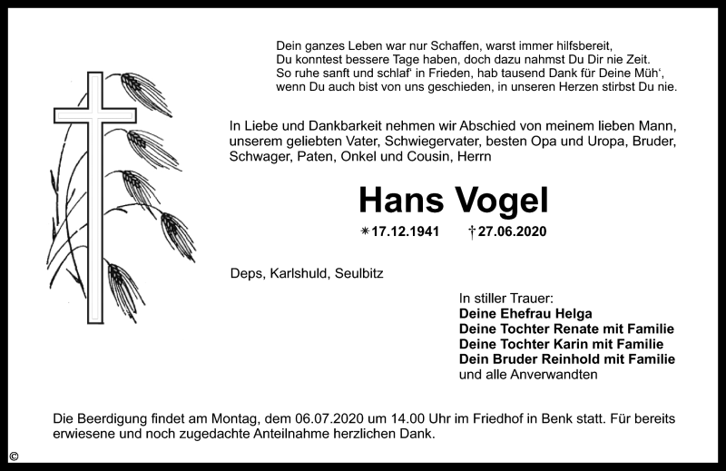  Traueranzeige für Hans Vogel vom 04.07.2020 aus Nordbayerischer Kurier