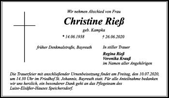 Anzeige von Christine Rieß von Nordbayerischer Kurier