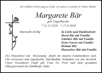 Anzeige von Margarethe Bär von Nordbayerischer Kurier