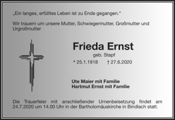 Anzeige von Frieda Ernst von Nordbayerischer Kurier