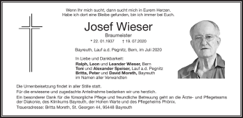 Anzeige von Joseph Wieser von Nordbayerischer Kurier