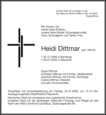 Anzeige von Heidi Dittmar von Nordbayerischer Kurier
