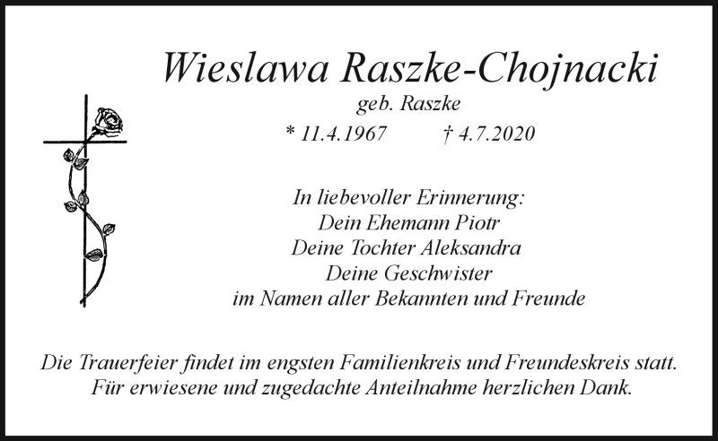  Traueranzeige für Wieslawa Raszke-Chojnacki vom 11.07.2020 aus Nordbayerischer Kurier