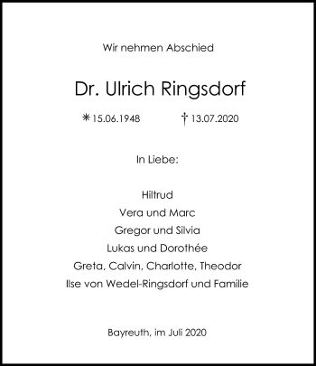 Anzeige von Ulrich Ringsdorf von Nordbayerischer Kurier
