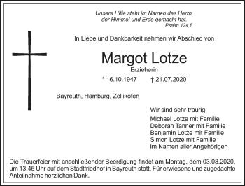 Anzeige von Margot Lotze von Nordbayerischer Kurier