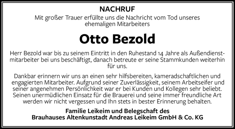 Traueranzeigen von Otto Bezold Nordbayerischer Kurier