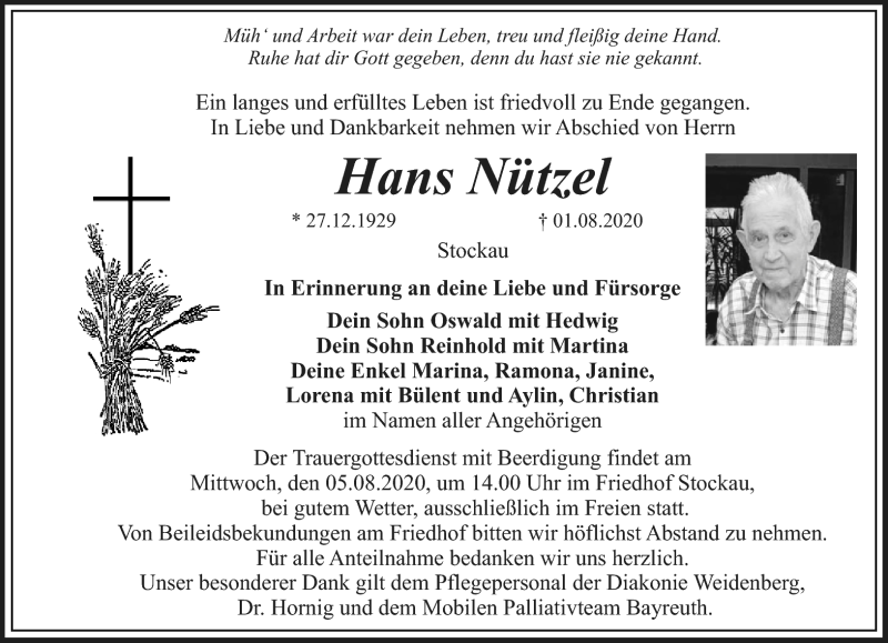  Traueranzeige für Hans Nützel vom 04.08.2020 aus Nordbayerischer Kurier
