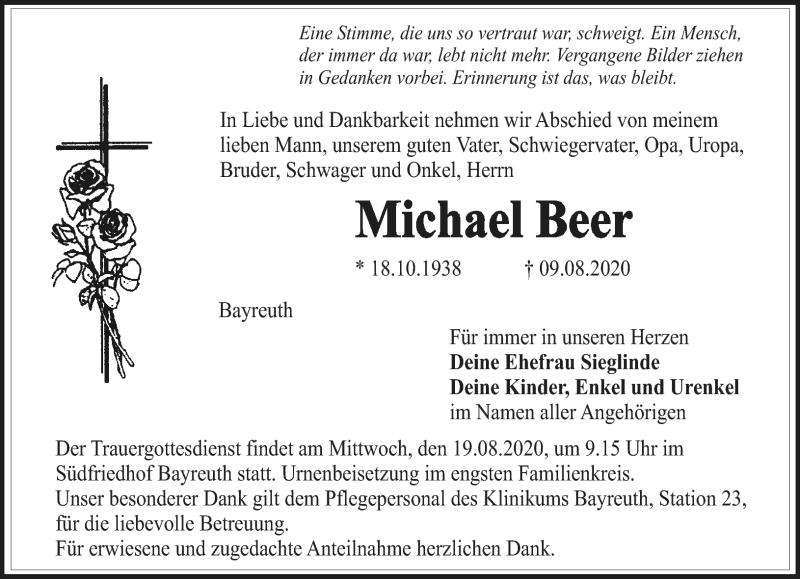 Traueranzeige für Michael Beer vom 14.08.2020 aus Nordbayerischer Kurier