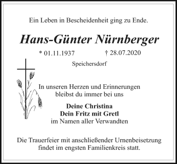 Anzeige von Hans-Günter Nürnberger von Nordbayerischer Kurier