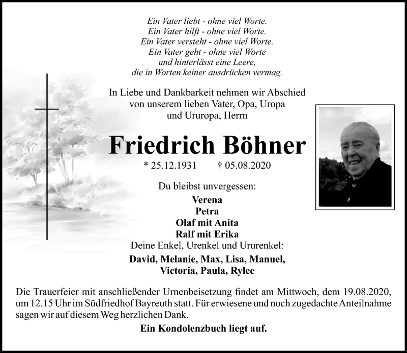  Traueranzeige für Friedrich Böhner vom 15.08.2020 aus Nordbayerischer Kurier