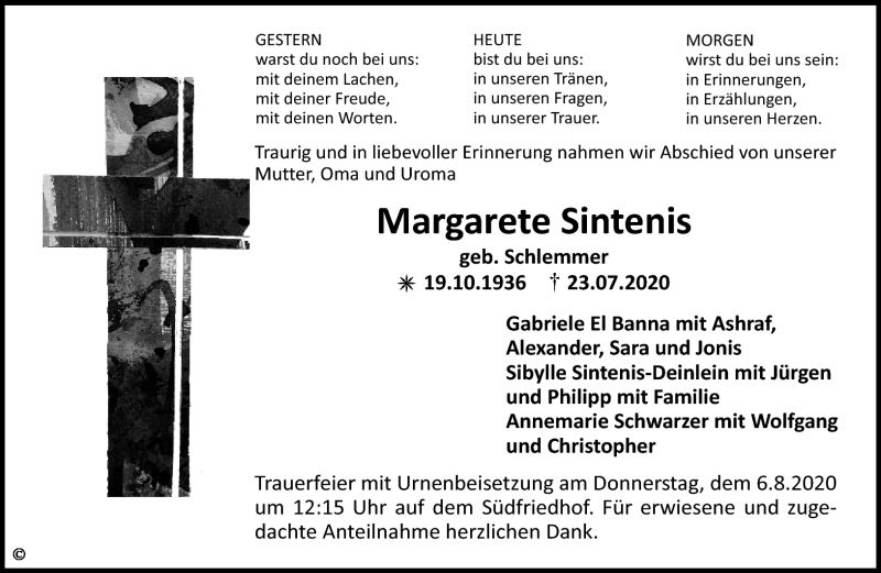  Traueranzeige für Margarete Sintenis vom 01.08.2020 aus Nordbayerischer Kurier