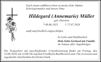 Anzeige von Hildegard Müller von Nordbayerischer Kurier