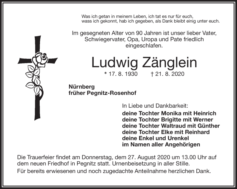  Traueranzeige für Ludwig Zänglein vom 25.08.2020 aus Nordbayerischer Kurier
