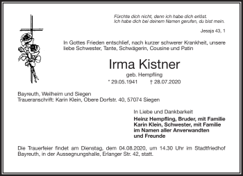 Anzeige von Irma Kistner von Nordbayerischer Kurier