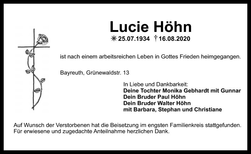  Traueranzeige für Lucie Höhn vom 29.08.2020 aus Nordbayerischer Kurier