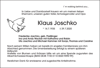 Anzeige von Klaus Joschko von Nordbayerischer Kurier
