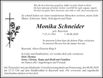 Anzeige von Monika Schneider von Nordbayerischer Kurier