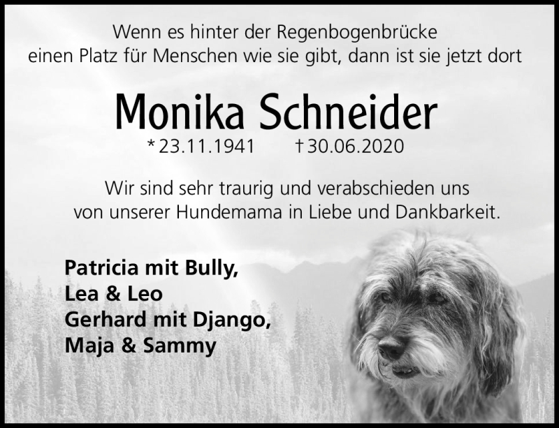  Traueranzeige für Monika Schneider vom 01.08.2020 aus Nordbayerischer Kurier