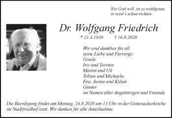Anzeige von Wolfgang Friedrich von Nordbayerischer Kurier