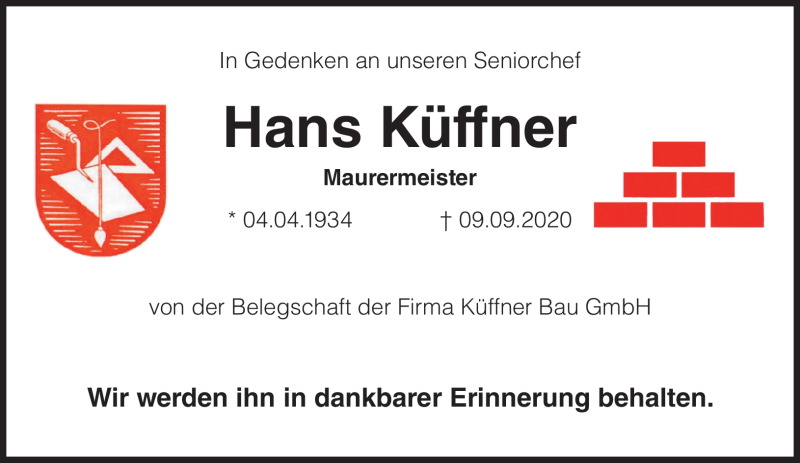  Traueranzeige für Hans Küffner vom 14.09.2020 aus Nordbayerischer Kurier